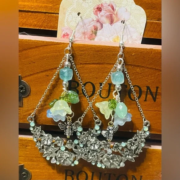 Vintage Upcycled Floral Silver Green and Blue Dangle Earrings - Picture 10 of 10